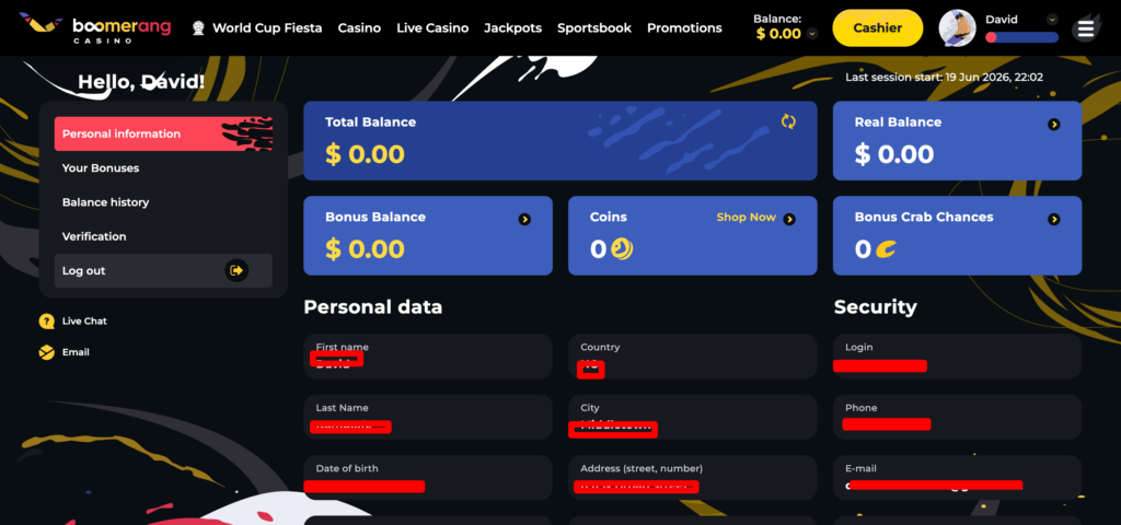 Boomerang Casino profile setting 