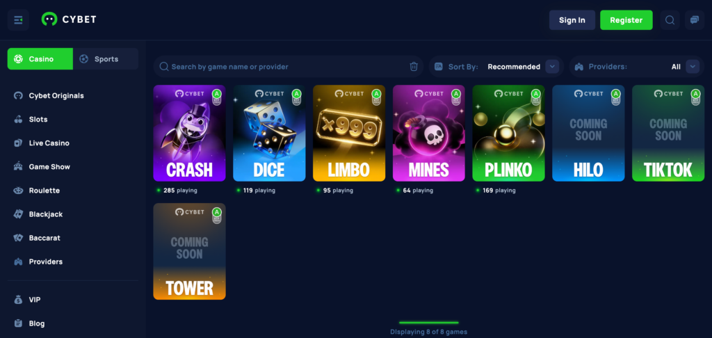 Cybet original games seen when testing
